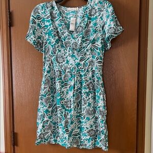 LOFT Floral V-Neck Dress in Teal and White.